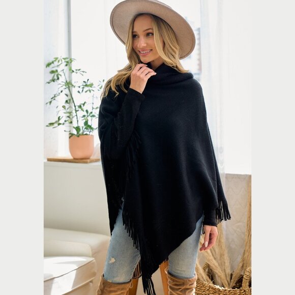 ON BLUE Black Light Weight Cowl Neck Poncho - Picture 6 of 16